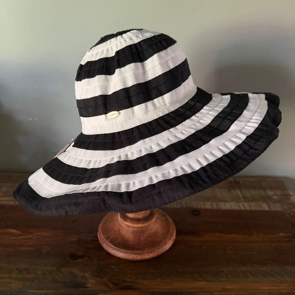 Kallina Sun Hat‎ Black White Striped UPF 50+ Packable Crushable Beachwear Resort